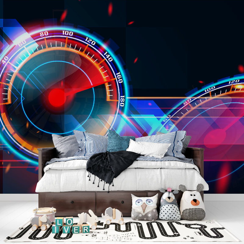 Gaming room with neon speedometer wallpaper mural, RGB setup and gaming chair