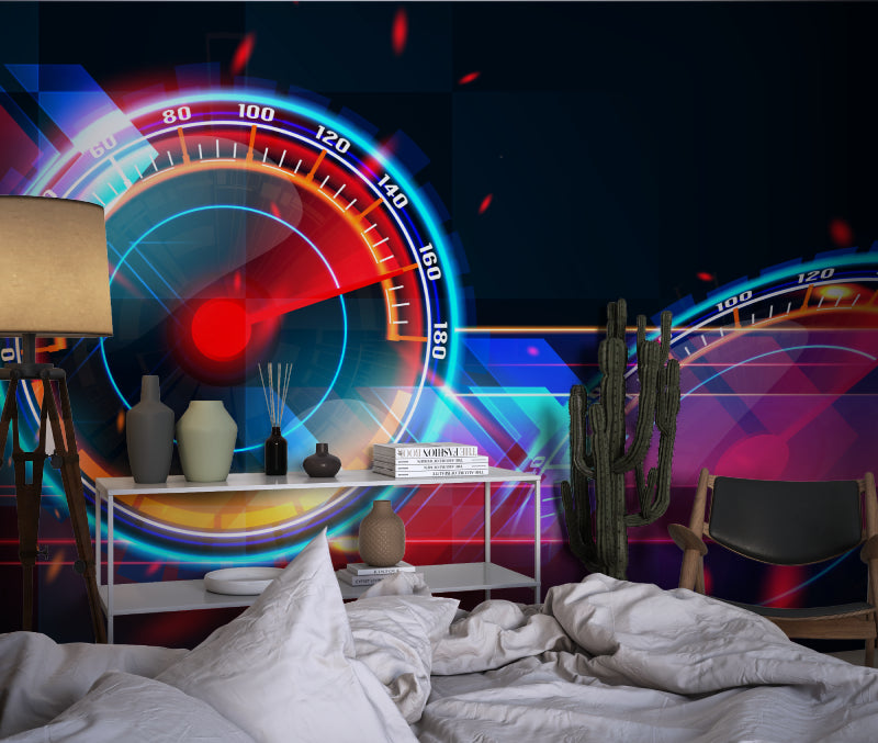 Teen bedroom featuring neon gaming wallpaper with LED accent lighting