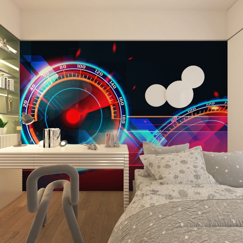 Modern living room with gaming themed wall mural in neon colors
