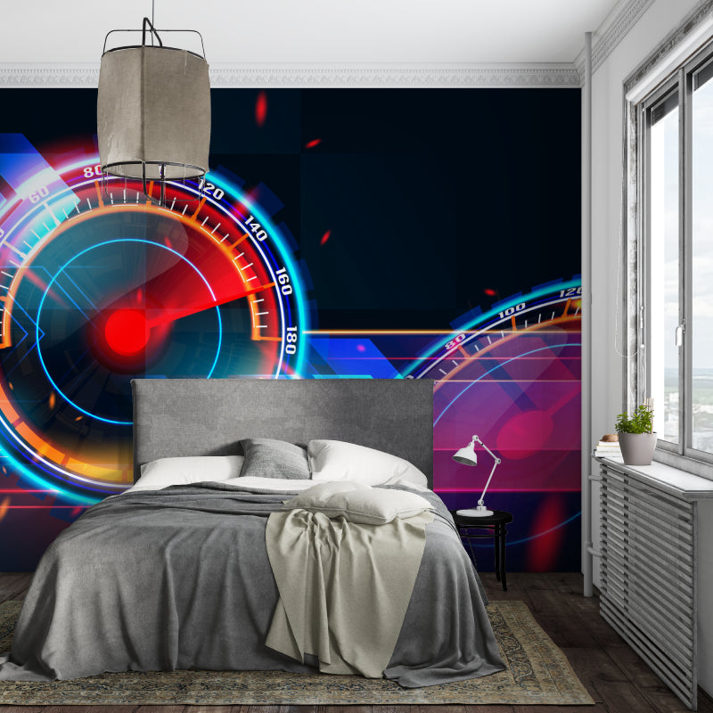 Game room with neon speedometer wall design and gaming setup