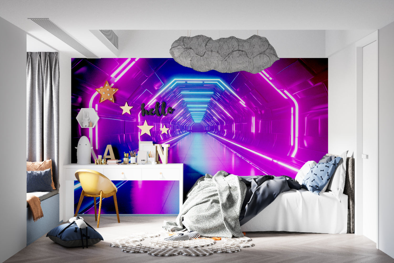 Modern living room featuring gaming tunnel mural wallpaper with dramatic lighting