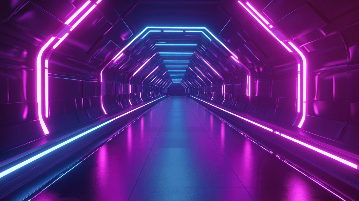 Neon tunnel gaming wallpaper design file showing vibrant purple and blue light effects