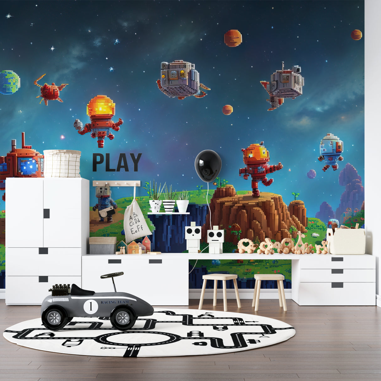 Gaming wallpaper mural in modern teen bedroom showing pixel art space design with retro robots