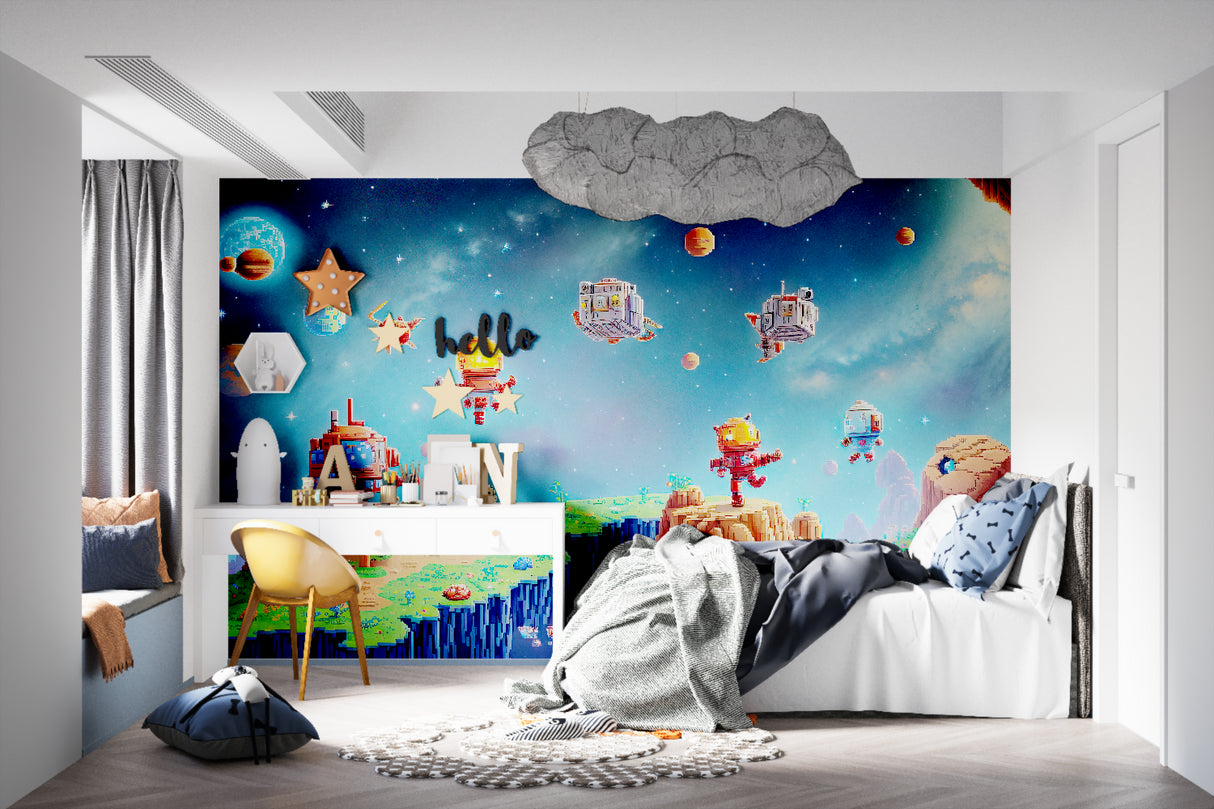 Pixel art gaming mural creating atmosphere in family game room with console setup