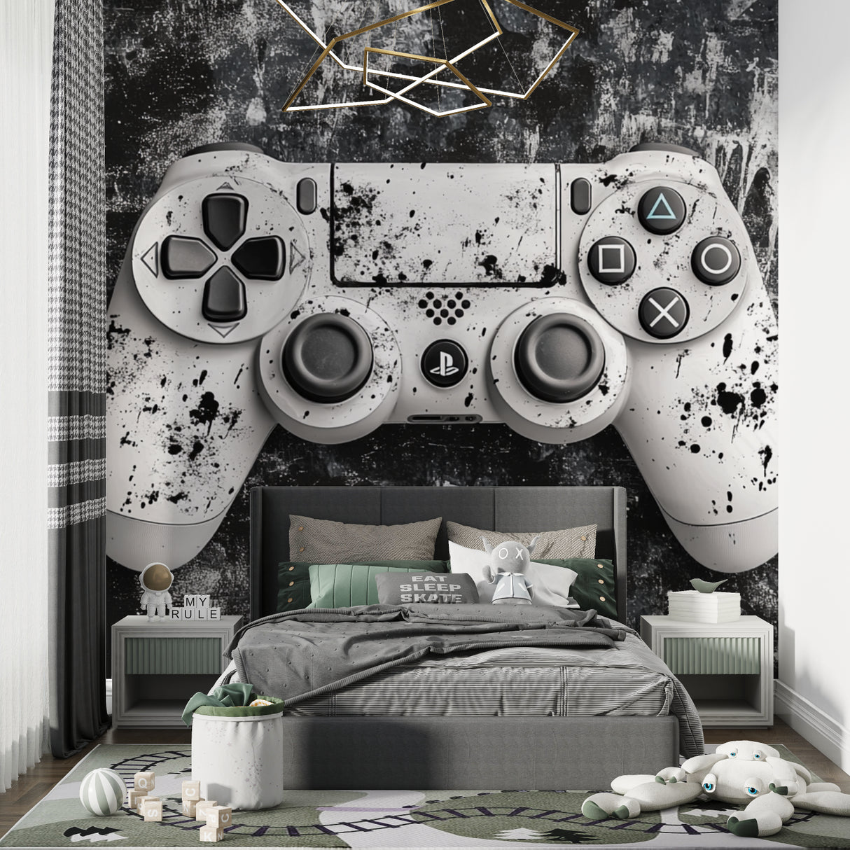 Gaming studio setup with PlayStation controller wall mural