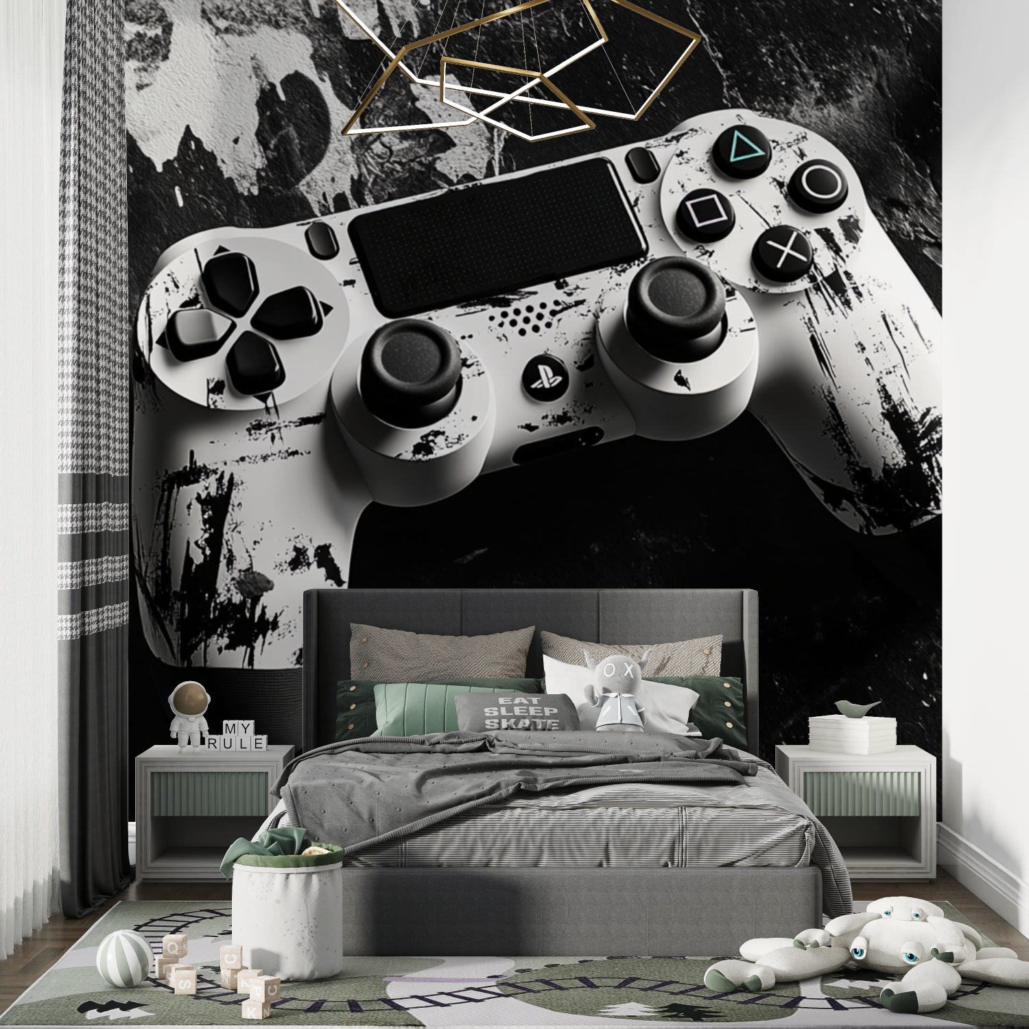 Black and white PlayStation controller wallpaper in a stylish gaming room with console setup