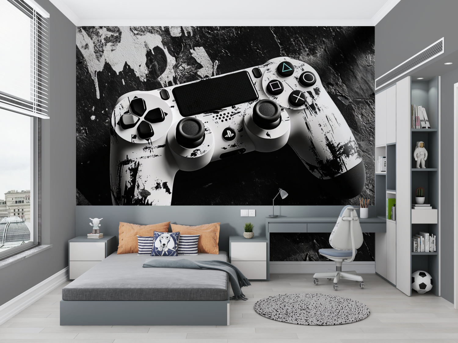 PlayStation controller mural in contemporary teen gaming corner with RGB lighting
