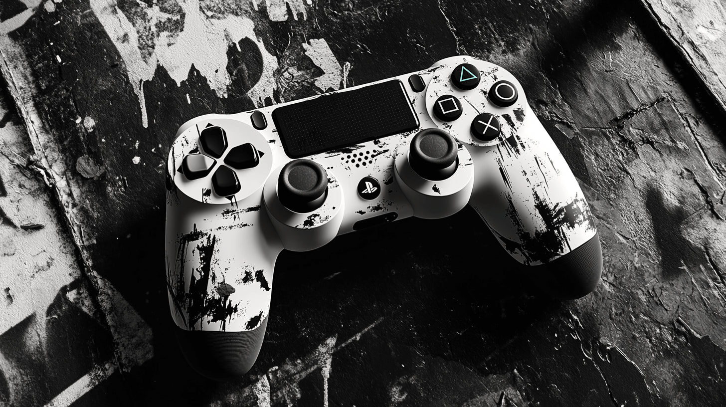 Design file showing detailed black and white PlayStation controller pattern with paint splash effect