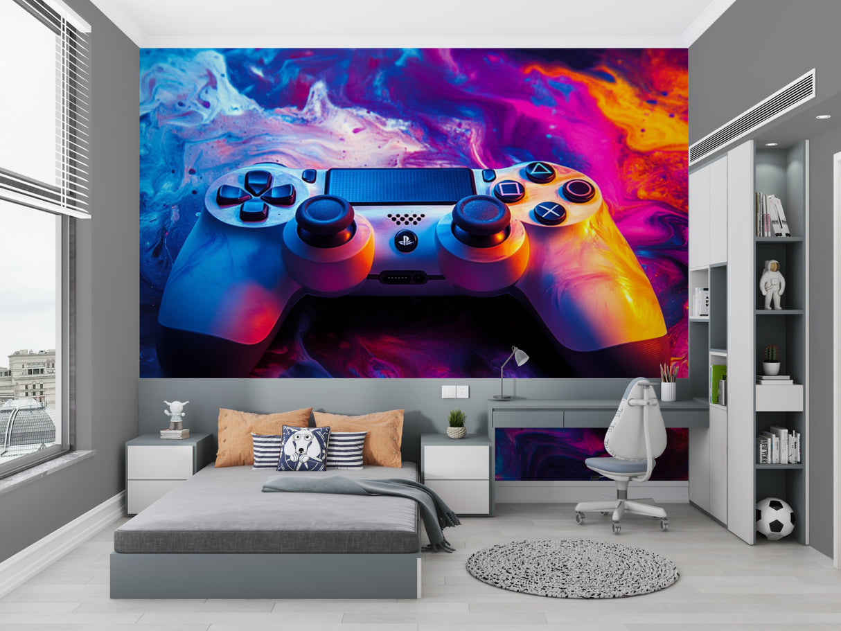 Gaming wallpaper mural showcased in a modern teen bedroom with LED lighting and gaming setup