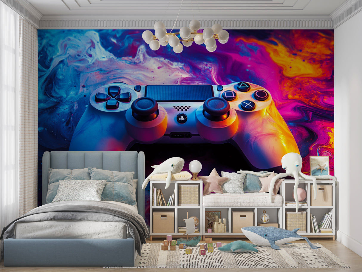 PlayStation controller wallpaper creating atmosphere in a gaming room with dark walls