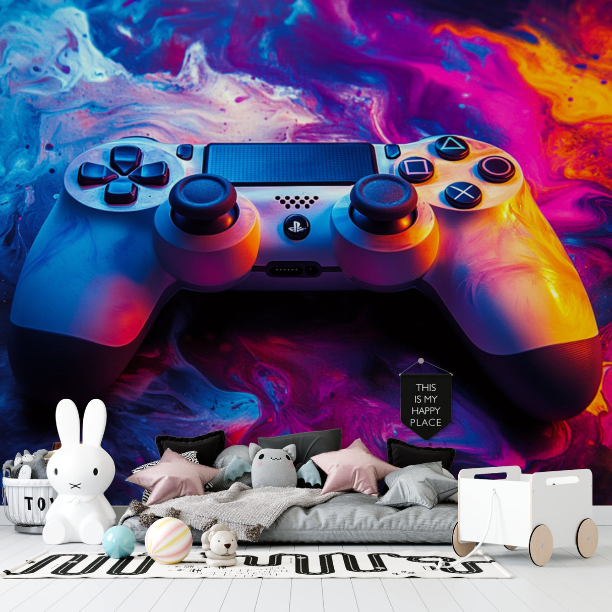 Gaming mural wallpaper displayed in a bright entertainment room with gaming console