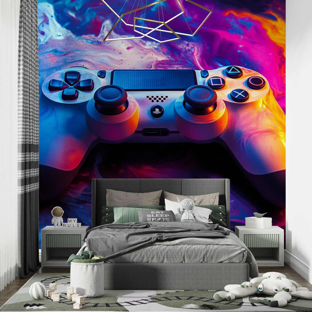 Controller wall mural bringing color to a minimalist gaming setup area