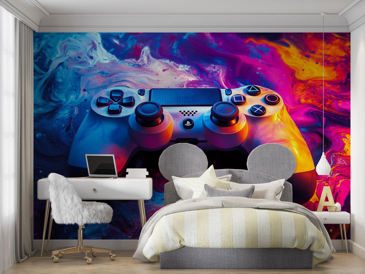 Gaming wallpaper installation in a modern basement gaming zone