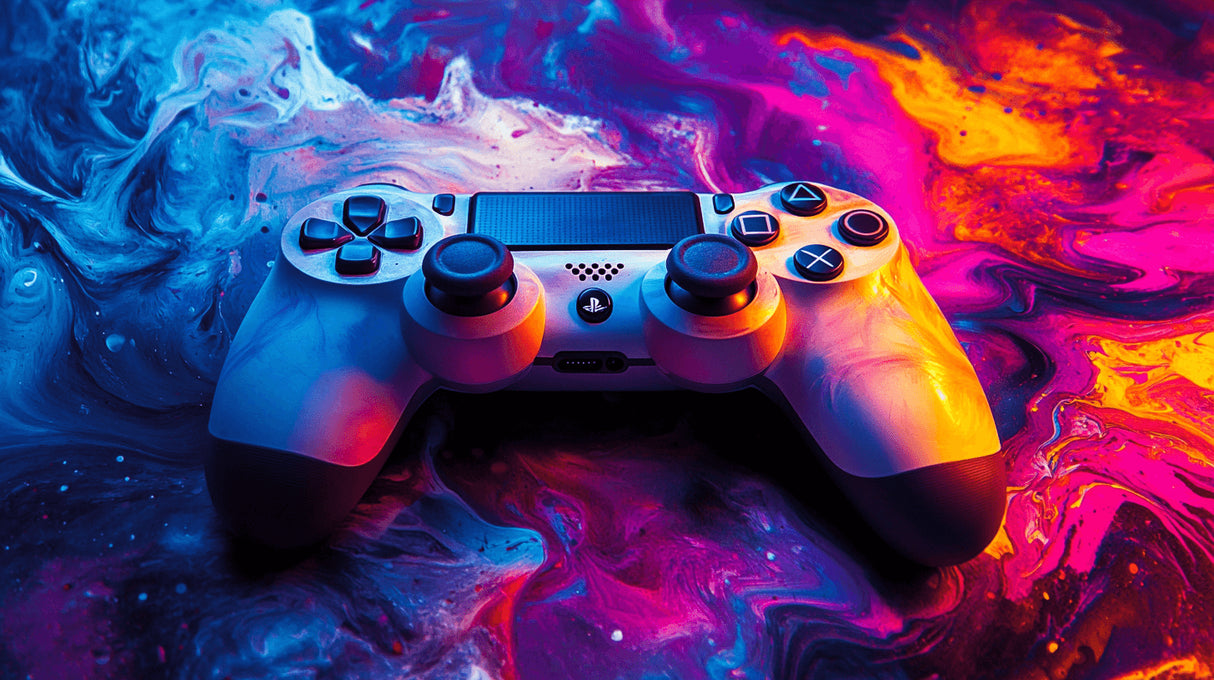 Gaming wallpaper design file showing PlayStation controller with vibrant color pattern