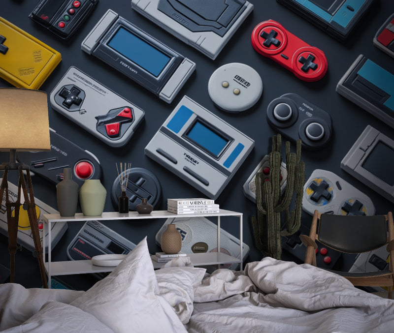 Gaming room with retro console wallpaper creating perfect gaming atmosphere