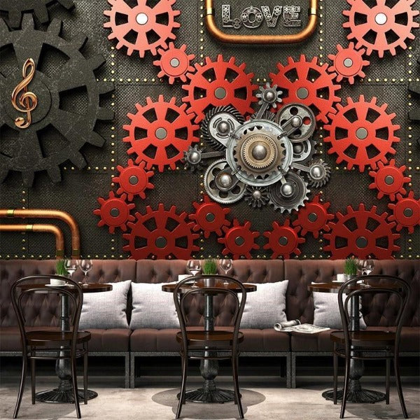 Garden arch wallpaper creating depth in a bright living room with modern furniture