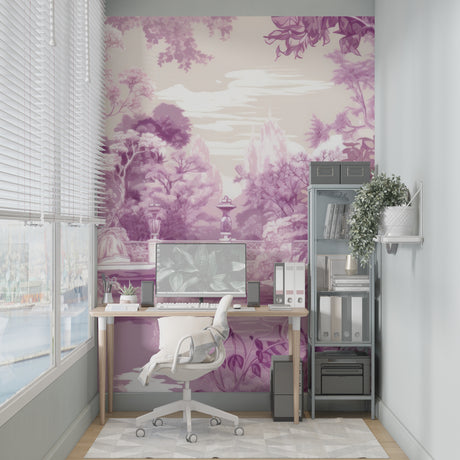 Purple garden wallpaper mural creating a cozy atmosphere in a modern living room