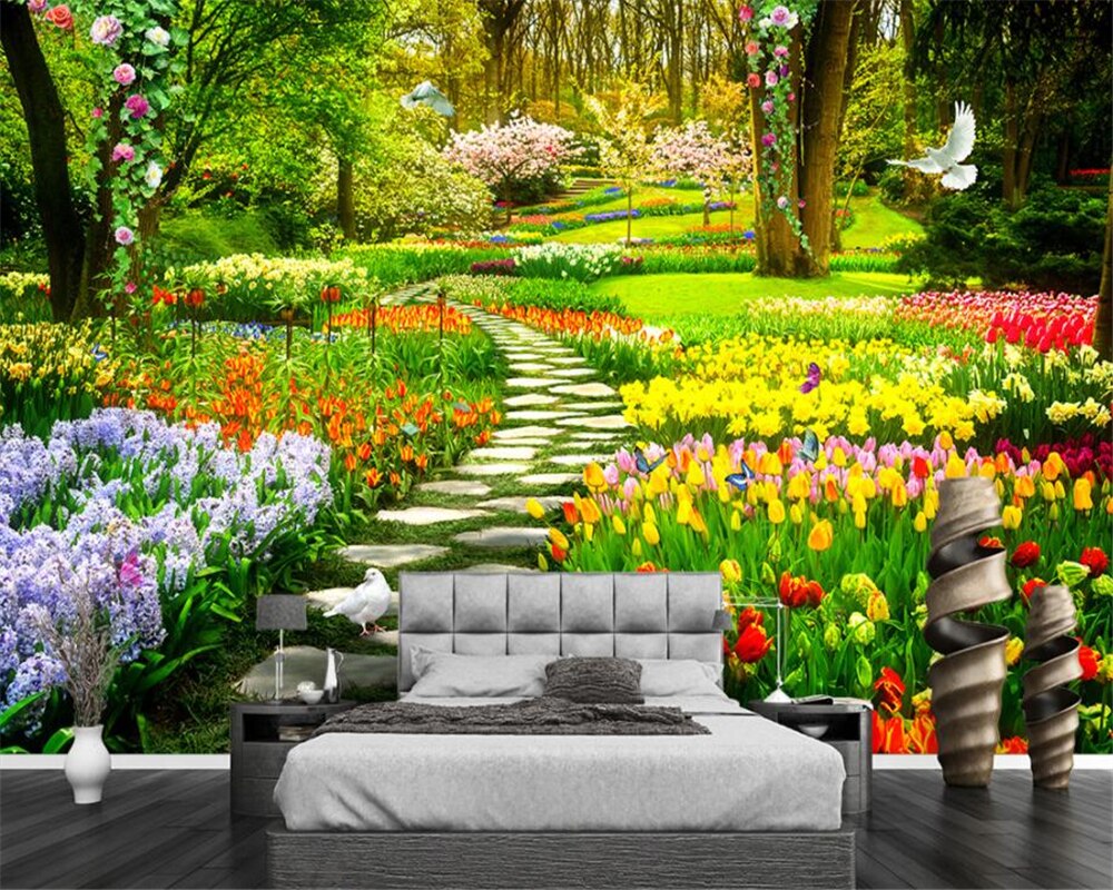 Garden path mural creating depth in cozy bedroom setting with natural light