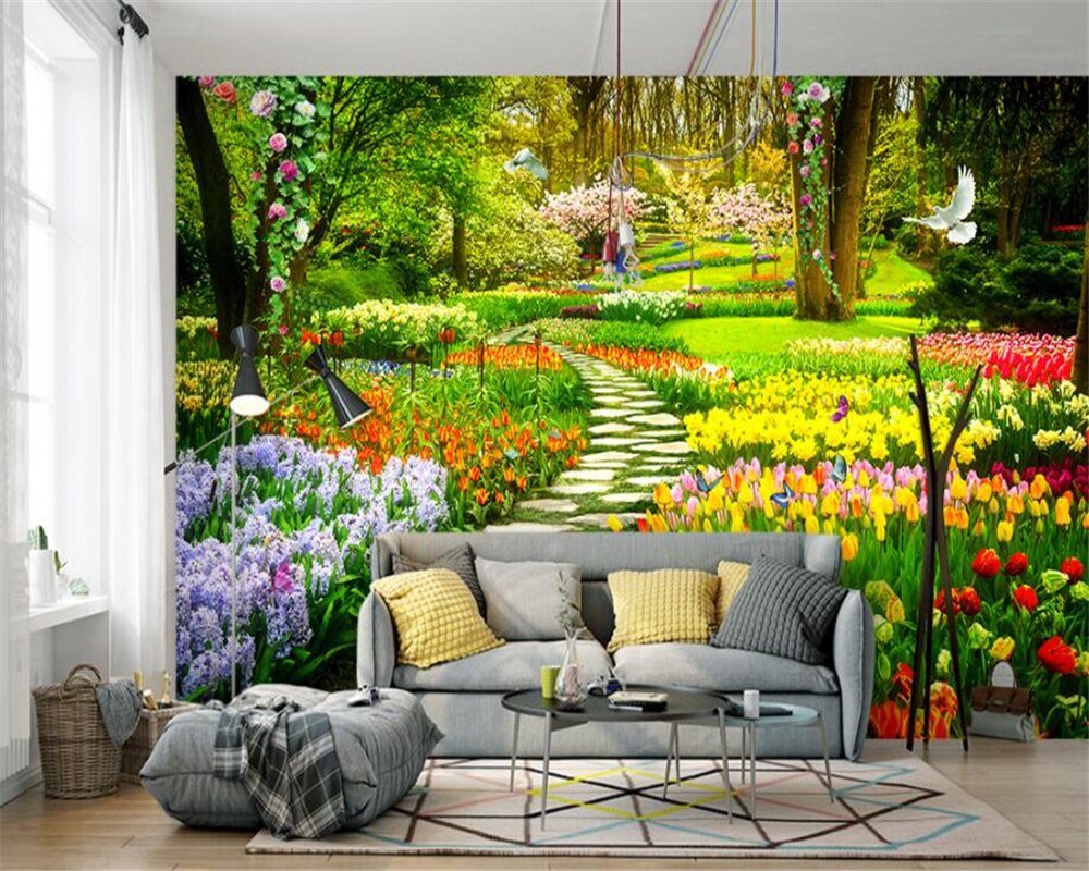 Floral garden wallpaper transforming dining room with spring tulips and doves