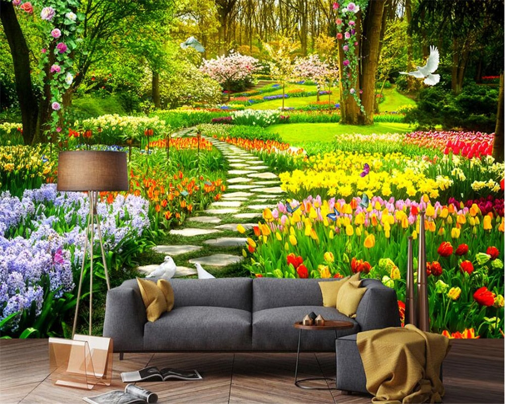 Spring tulip wallpaper bringing nature into home office space