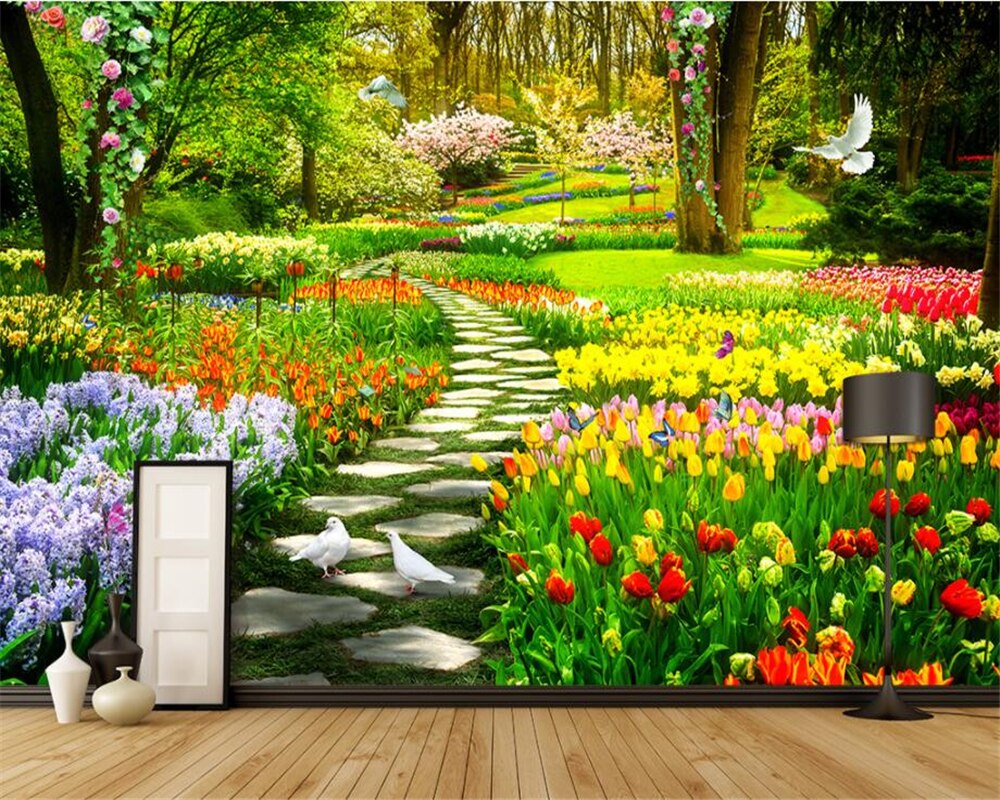 Garden mural creating peaceful atmosphere in meditation room