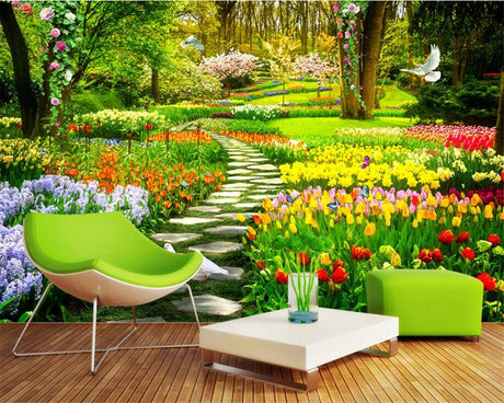 Design file showing detailed spring garden path with tulips and white doves pattern