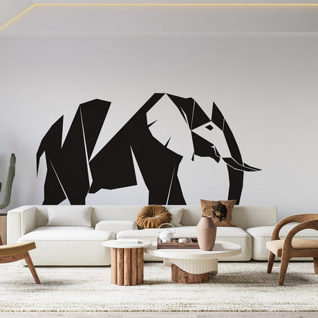 Modern Geometric Elephant Wallpaper displayed in a minimalist living room, creating a bold black and white focal point