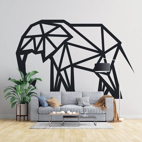 Geometric Elephant Wall Mural creating a stunning focal point in a modern minimalist living room with white furniture