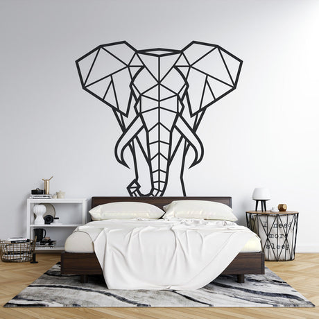 Geometric elephant wallpaper in a modern living room, black and white line art creating a striking focal point