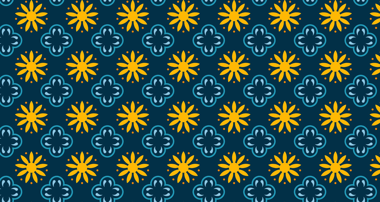 Geometric floral wallpaper with navy and gold pattern making a bold statement in a modern living room with natural lighting