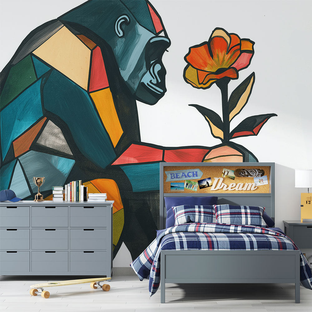Modern Geometric Gorilla Wallpaper displayed in a minimalist living room, showing dramatic orange and teal color impact