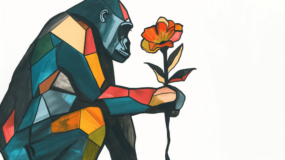 Geometric Gorilla Wallpaper design file showing detailed mosaic pattern with orange flower accent