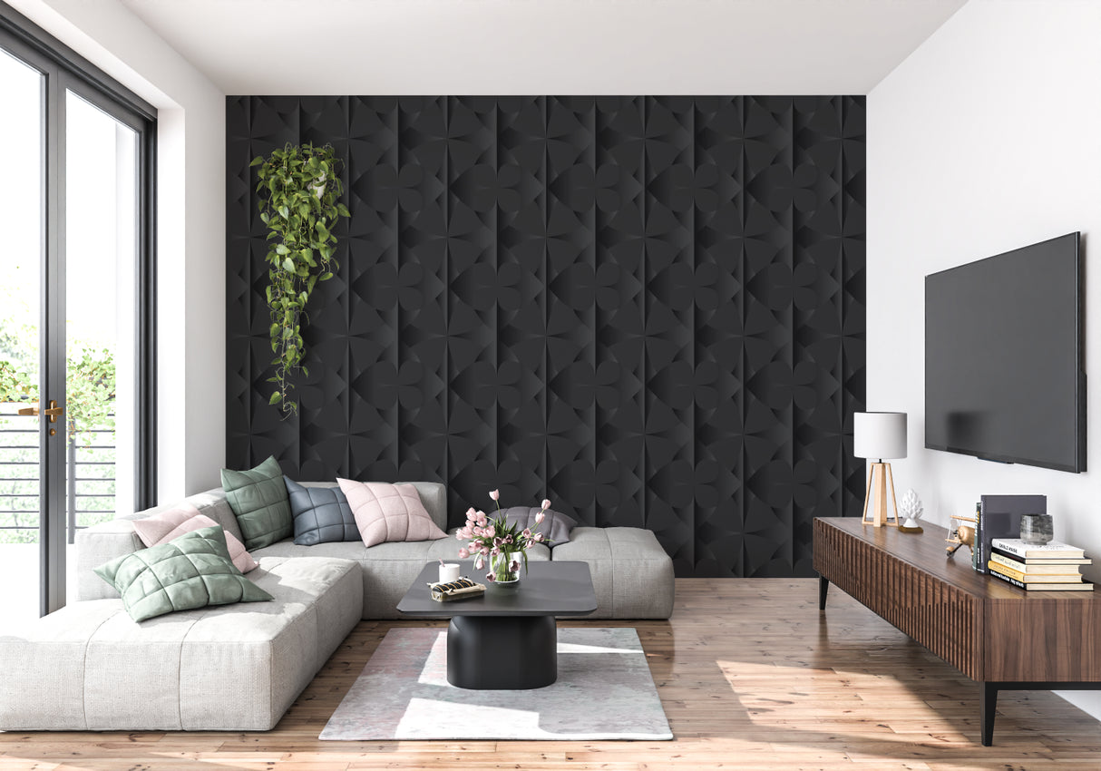 Home office space with 3D black diamond pattern wallpaper making bold statement