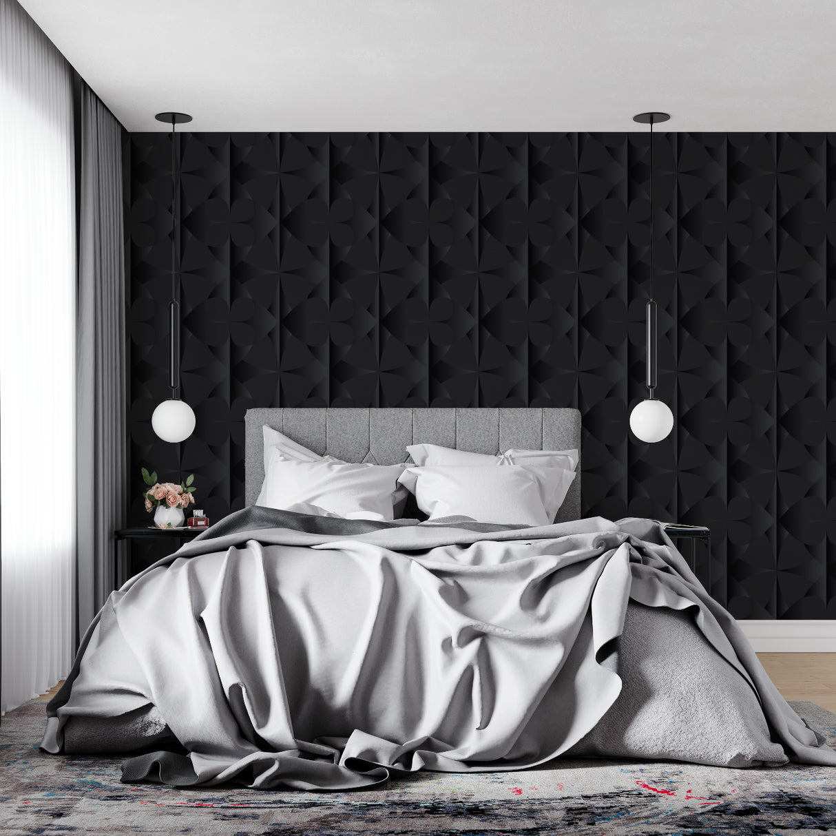 Master bedroom accent wall with geometric black diamond wallpaper creating depth