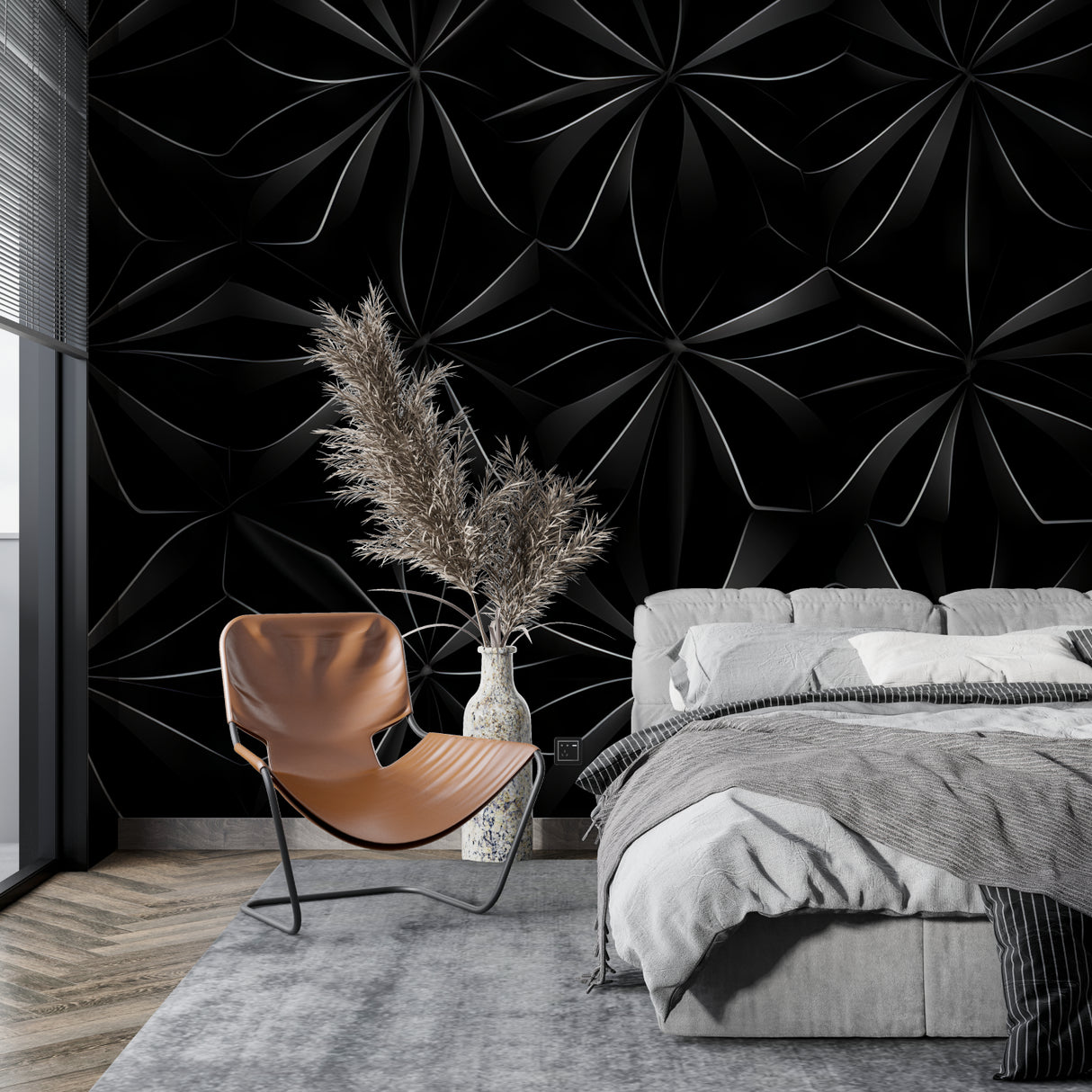 3D black geometric wallpaper creating dramatic accent wall in contemporary dining room