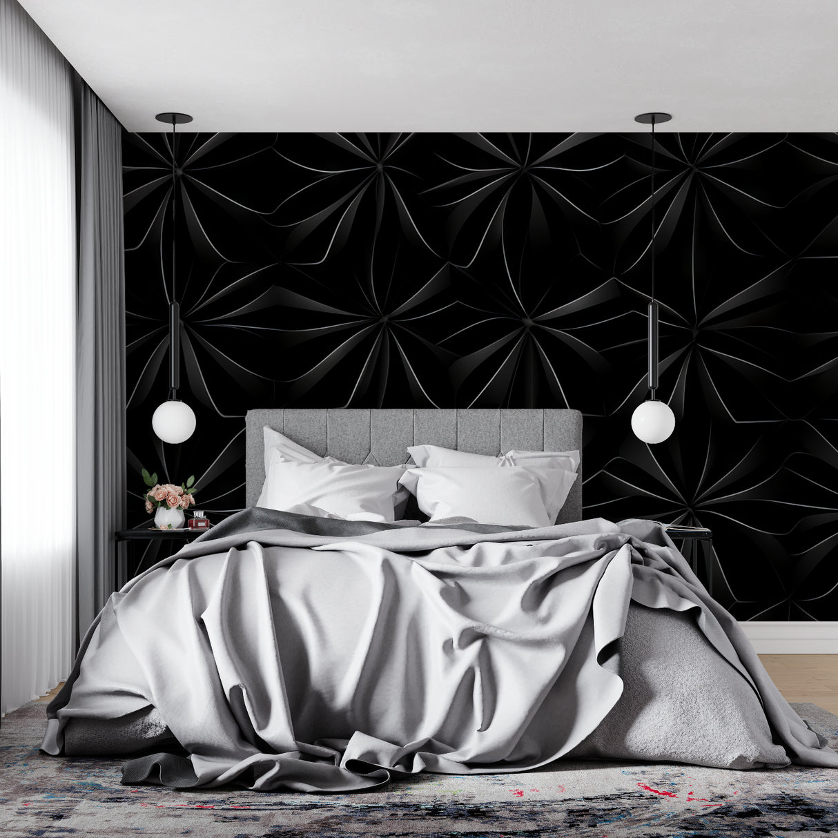 Black 3D floral wallpaper in stylish hotel lobby with pendant lighting