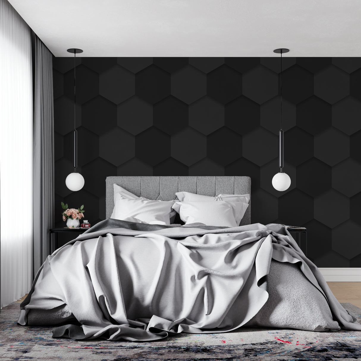 Office space featuring black geometric wallpaper with honeycomb pattern adding professional touch