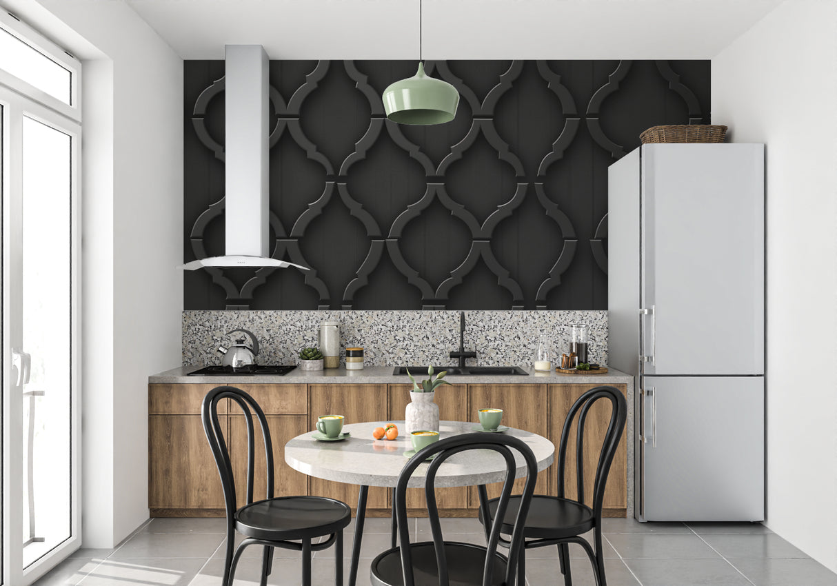 Dining room featuring black 3D geometric wallpaper making the space feel larger and more elegant