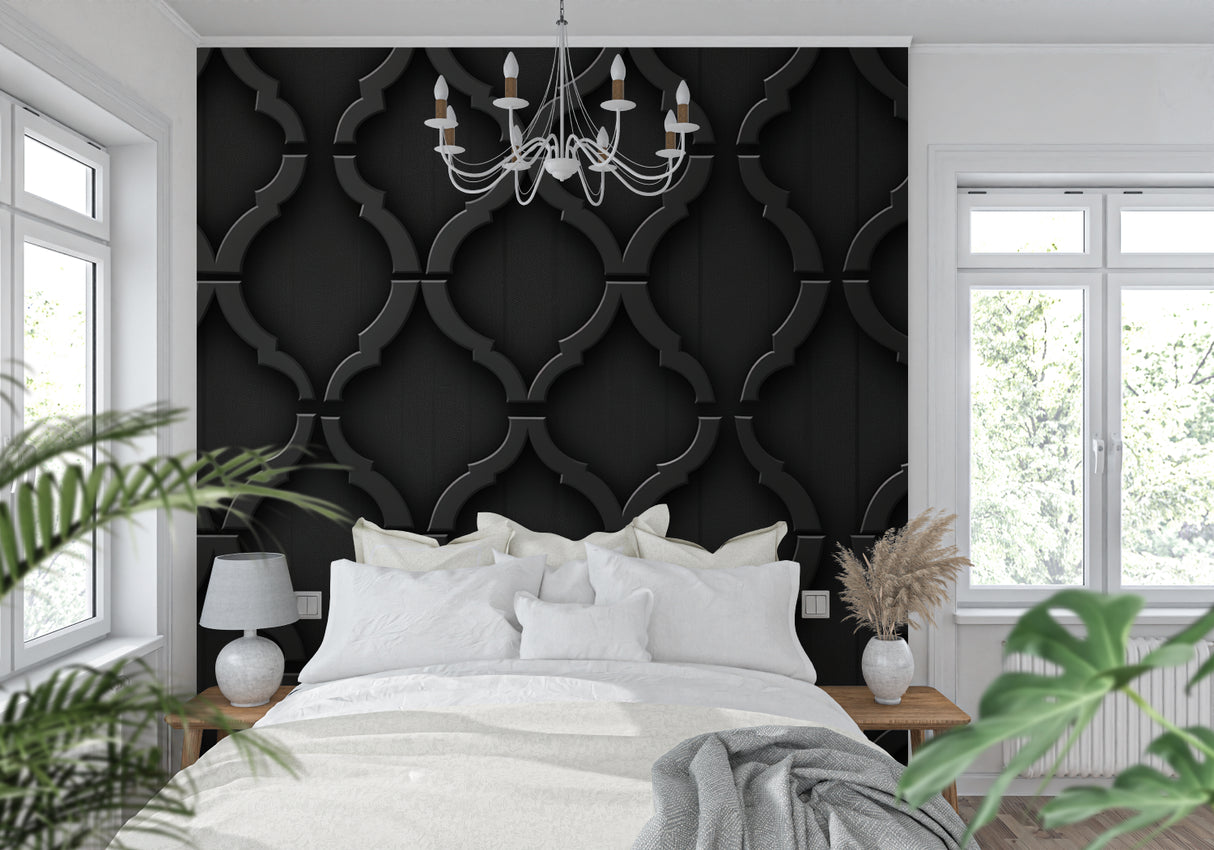 Home office with black lattice pattern wallpaper adding sophisticated architectural detail