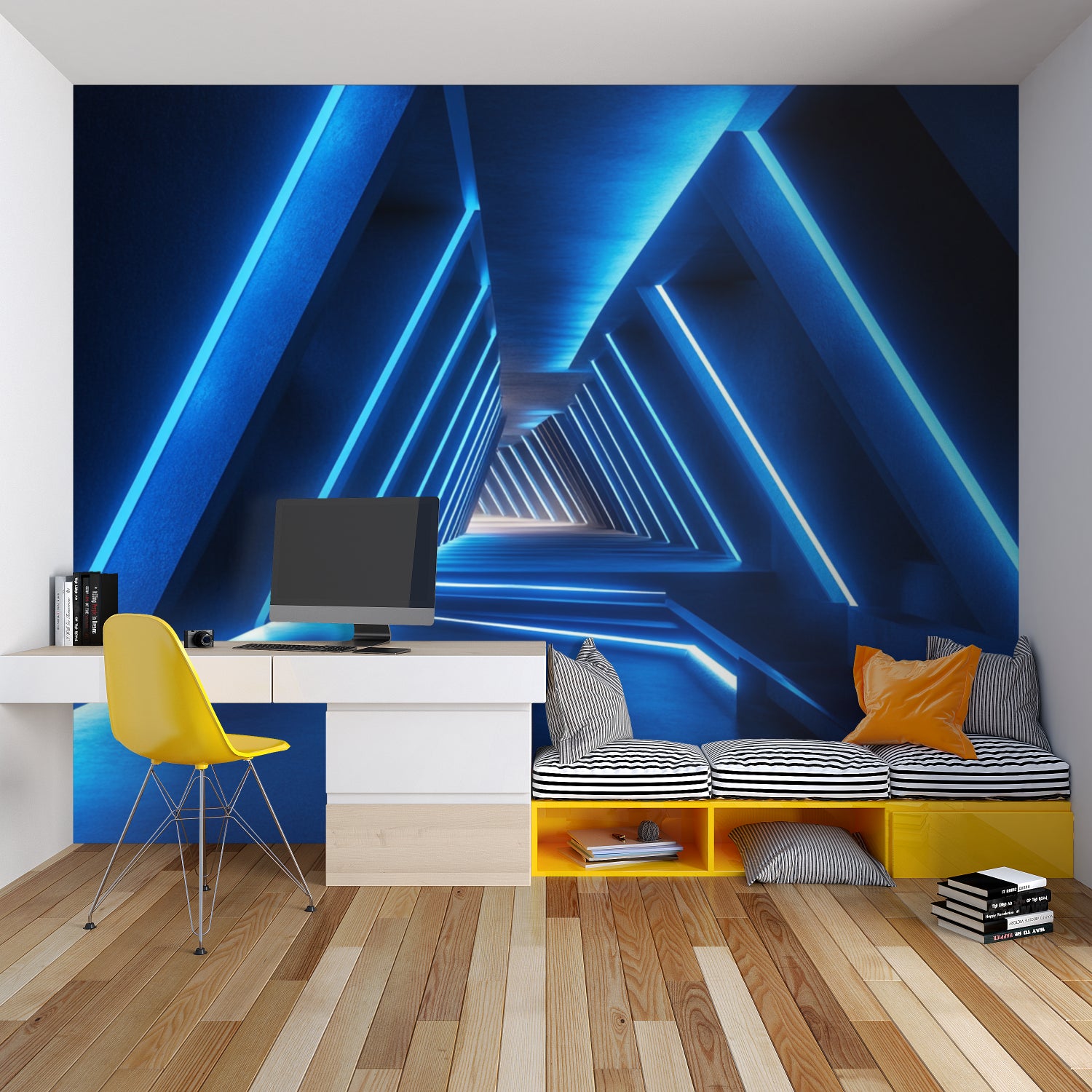 Blue 3D tunnel wallpaper transforming gaming room with futuristic atmosphere