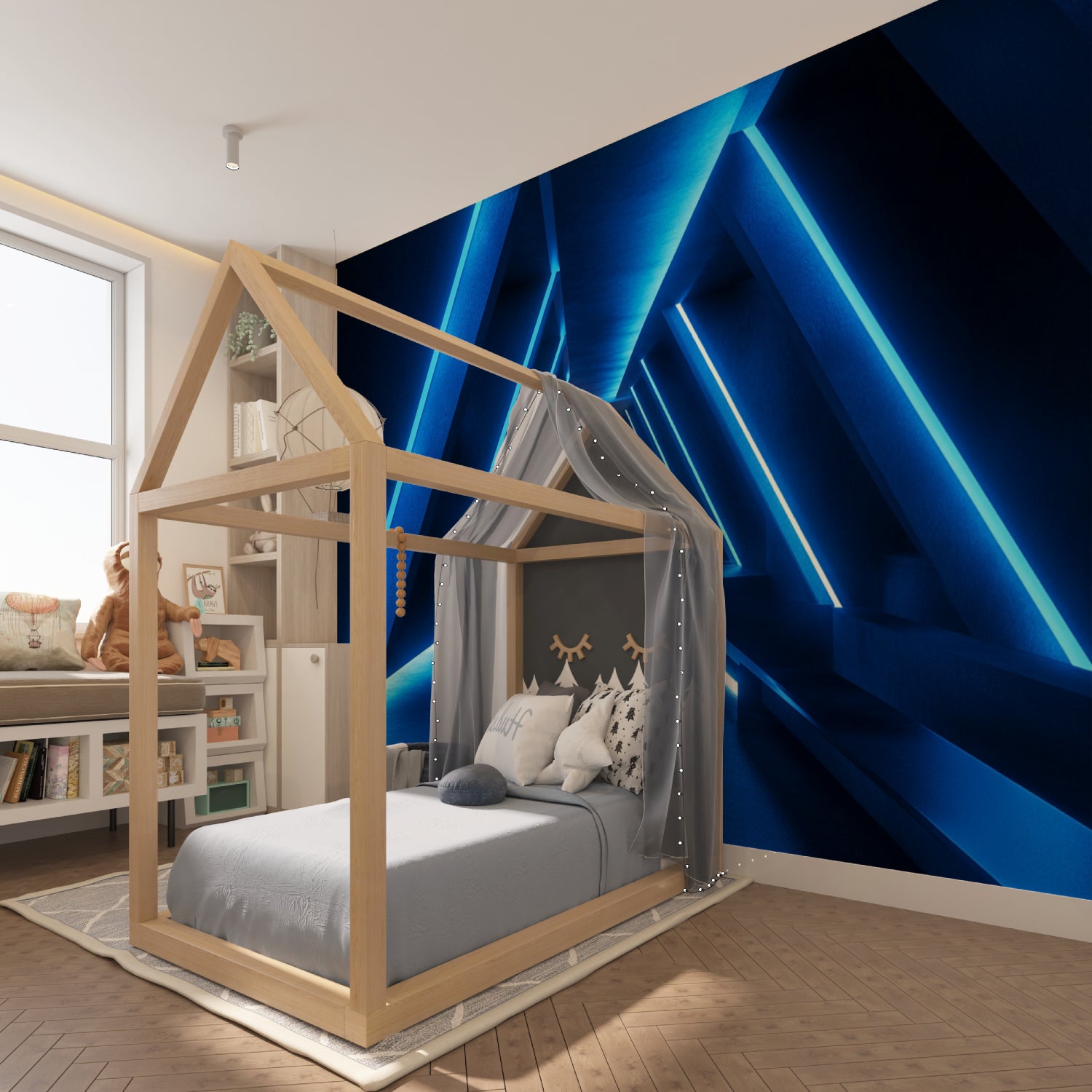 Geometric 3D wallpaper making statement in contemporary living room
