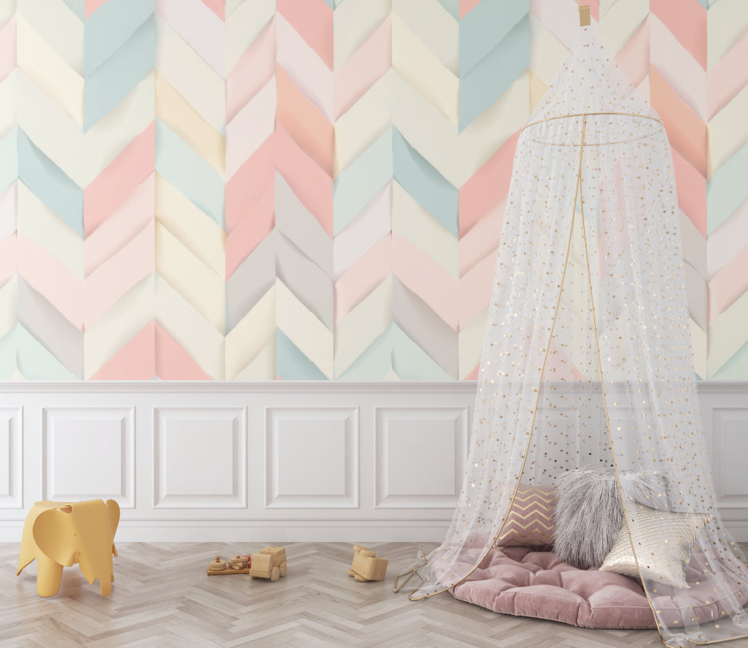 Modern 3D geometric wallpaper in pastel tones bringing depth to a bright living room setting