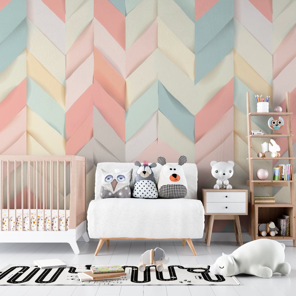 Soft chevron pattern wallpaper creating a peaceful atmosphere in a nursery