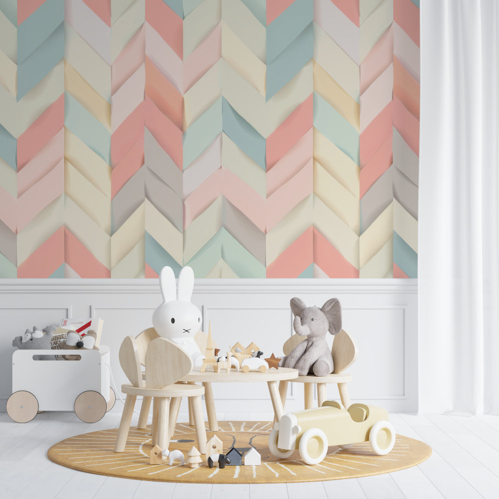 Geometric chevron wallpaper making a bedroom feel larger and brighter