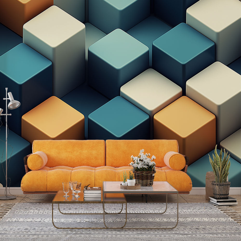 Modern 3D geometric cube wallpaper creating depth in a minimalist living room with blue and orange accents
