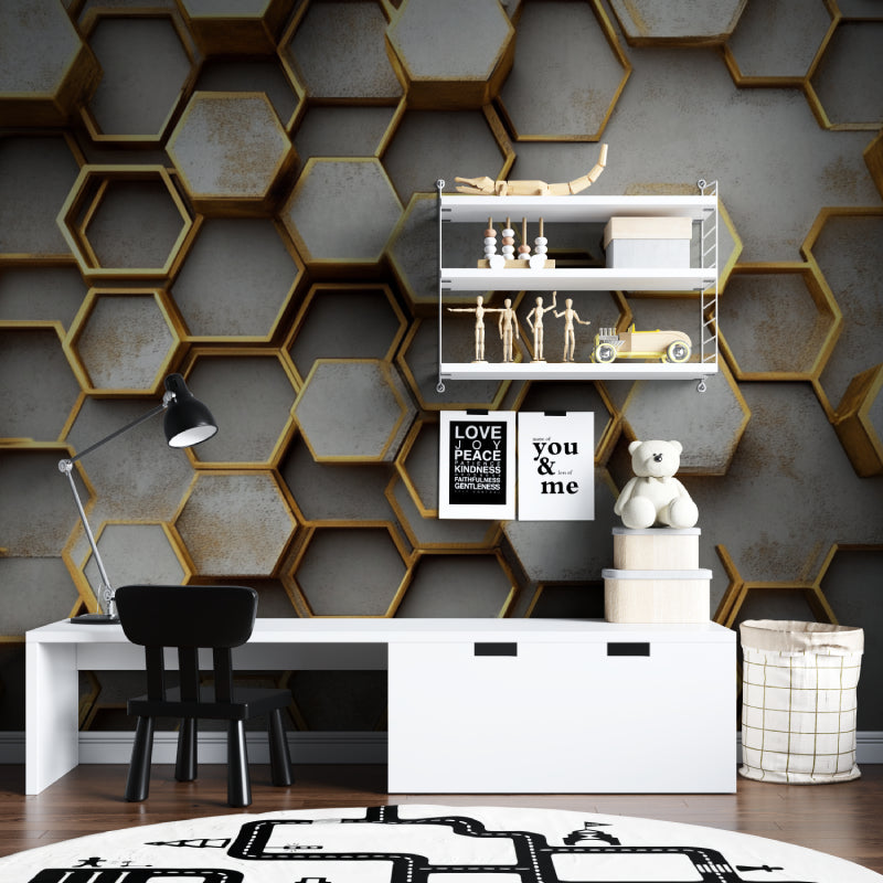 Gold Hexagonal Pattern Wallpaper in dining room with pendant lights