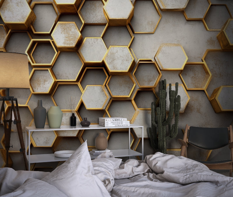 Geometric Wall Mural in bedroom showing metallic gold details