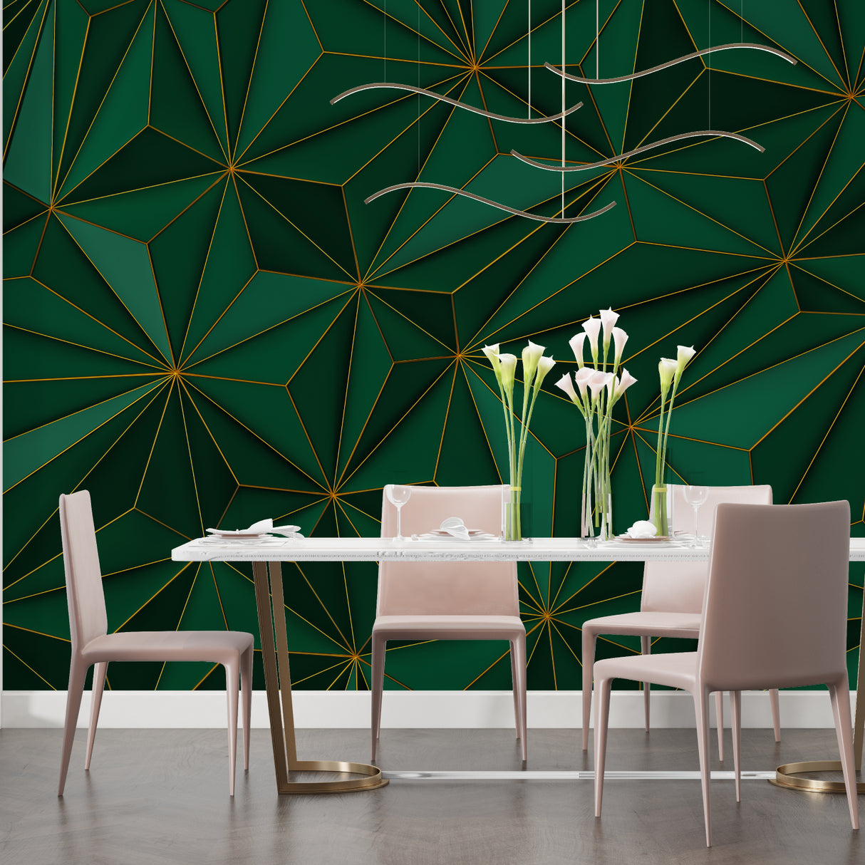 Green and gold geometric wallpaper creating depth in a modern living room with minimal furniture