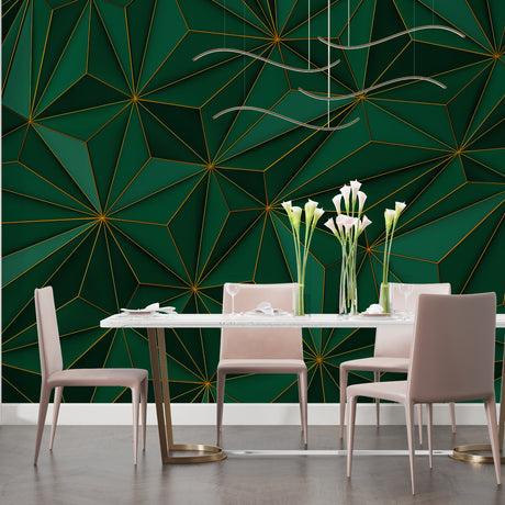 Green and gold geometric wallpaper creating depth in a modern living room with minimal furniture