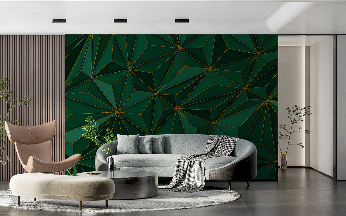 Green and gold 3D wallpaper in a home office with contemporary desk setup